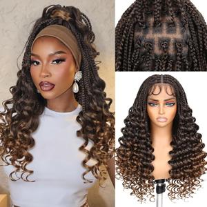 HANNE Braided Wigs for Black Women Double Full Lace Box Braided Wigs Synthetic Wavy Glueless Braid Wig with Baby Hair 3D Curls Braided Wig 24 Inch (1B/30, Wavy-24)