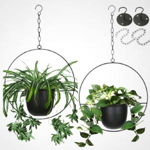 2 Pack Hanging Planters for Indoor Plants with 5.5" Pot + Ceiling Hook + Extender Chain | Hanging Plant Holder, Metal Minimalist Planter, NO Plant incld (Black)