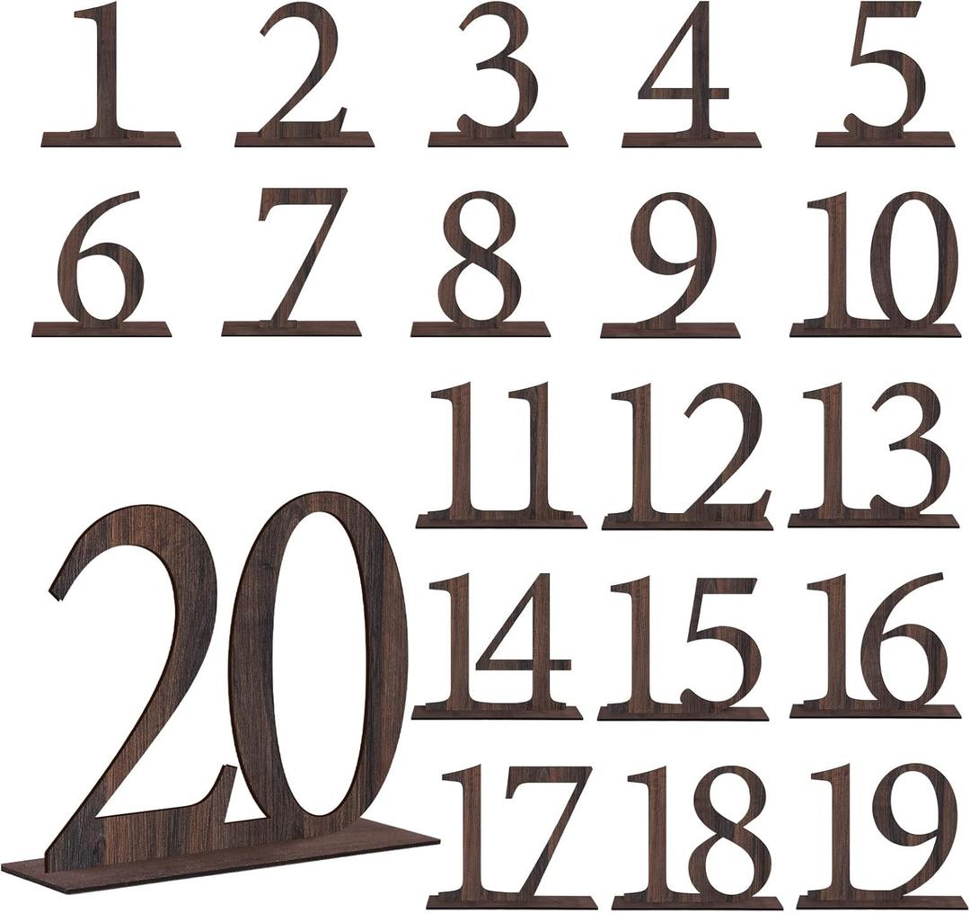 FYSUIMU 20Pcs Wedding Table Numbers 1-20 Rustic Wooden Table Numbers with Stands Wood Place Card Number Sign Display Markers for Wedding Reception Centerpiece Event Catering Party Supplies