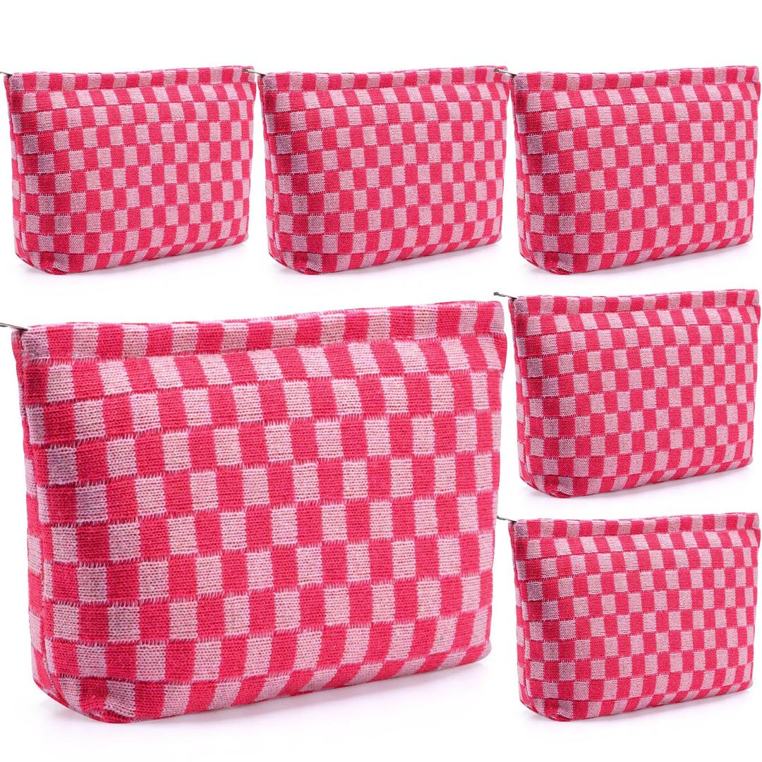 Gilprop 6 Pcs Knitted Checkered Makeup Bag Checkered Pouch Cosmetic Bags Bulk with Zipper Preppy Toiletry Pouch Cosmetic Brush Bag for Purse Diaper Wipe Travel Essential Wedding Party Favors (Hotpink)