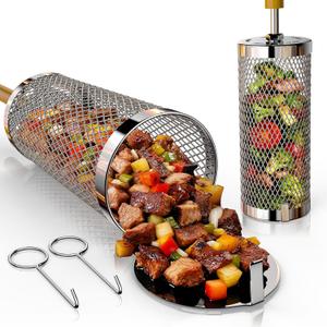 Rolling Grill Basket 2-Pack,304 Stainless Steel Grill Basket with Removable Wooden Handle,BBQ Tool & Smoker Accessory for Veg & Shrimp,Ideal for Outdoor Cooking,Camping & Gifts for Dad/Husband/Men (For 4-7 People (Small+Large))