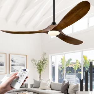 ABZ 52 Inch Ceiling Fans with Lights and Remote Control, Outdoor Ceiling Fan with Light 3 Blades Propeller Solid Wood Ceiling Fan for Indoor Bedroom Living Room, Walnut Wood