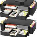 OPNICE Desk Organizer and Accessories, 2-Tier Computer Monitor Stand Riser with Drawer and 2 Pen Holders, Laptop Stand, Office Desk Accessories for Office Supplies, Black 2-Pack