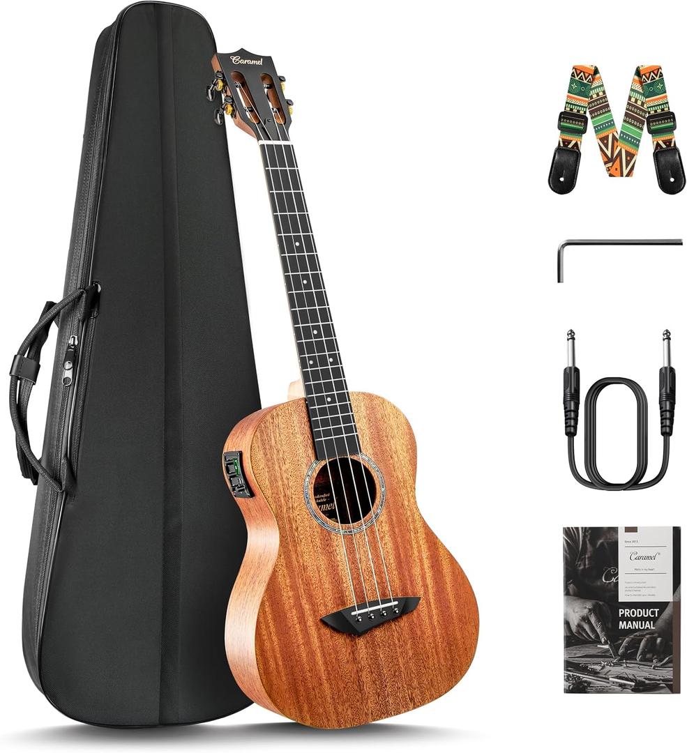 Caramel CB402 Baritone Electric Ukulele All Solid Mahogany Wood 30'' Professional Wood Ukelele Instrument Kit Small Hawaiian Guitar Beginner ukalalee Starter Pack Bundle Gig bag, Strap, String Set