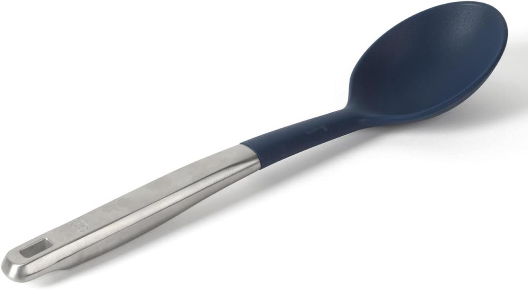 Calphalon Prime Stainless Steel Kitchen Spoon with Navy Blue Silicone Head, Heat-Resistant Cooking and Serving Spoon, Durable Kitchen Utensil for Home Kitchens and Everyday Cooking