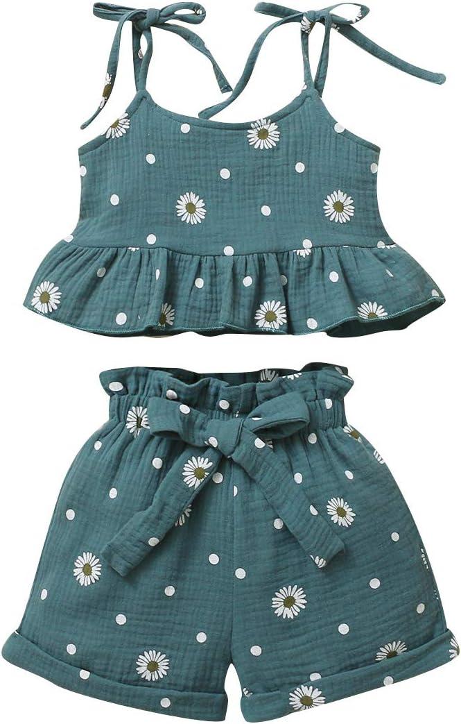 Toddler Baby Girl Summer Clothes Daisy Floral Print Halter Ruffle Tank Tops Shorts Outfits set