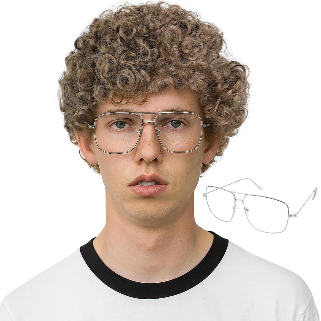 Short Brown Afro Wig with Glasses for Mens Costume Crazy Funny Party Wigs for Nerd Halloween Costumes & Cosplay Accessory