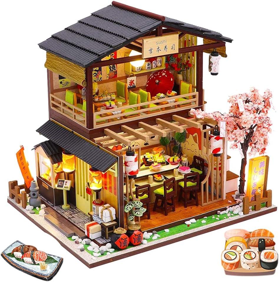 SYW DIY Miniature Dollhouse Kit with Furniture and LED LightJapanese Sushi Shop Wooden Dollhouse, 1:24 Scale Creative Doll House Toys for Teen
