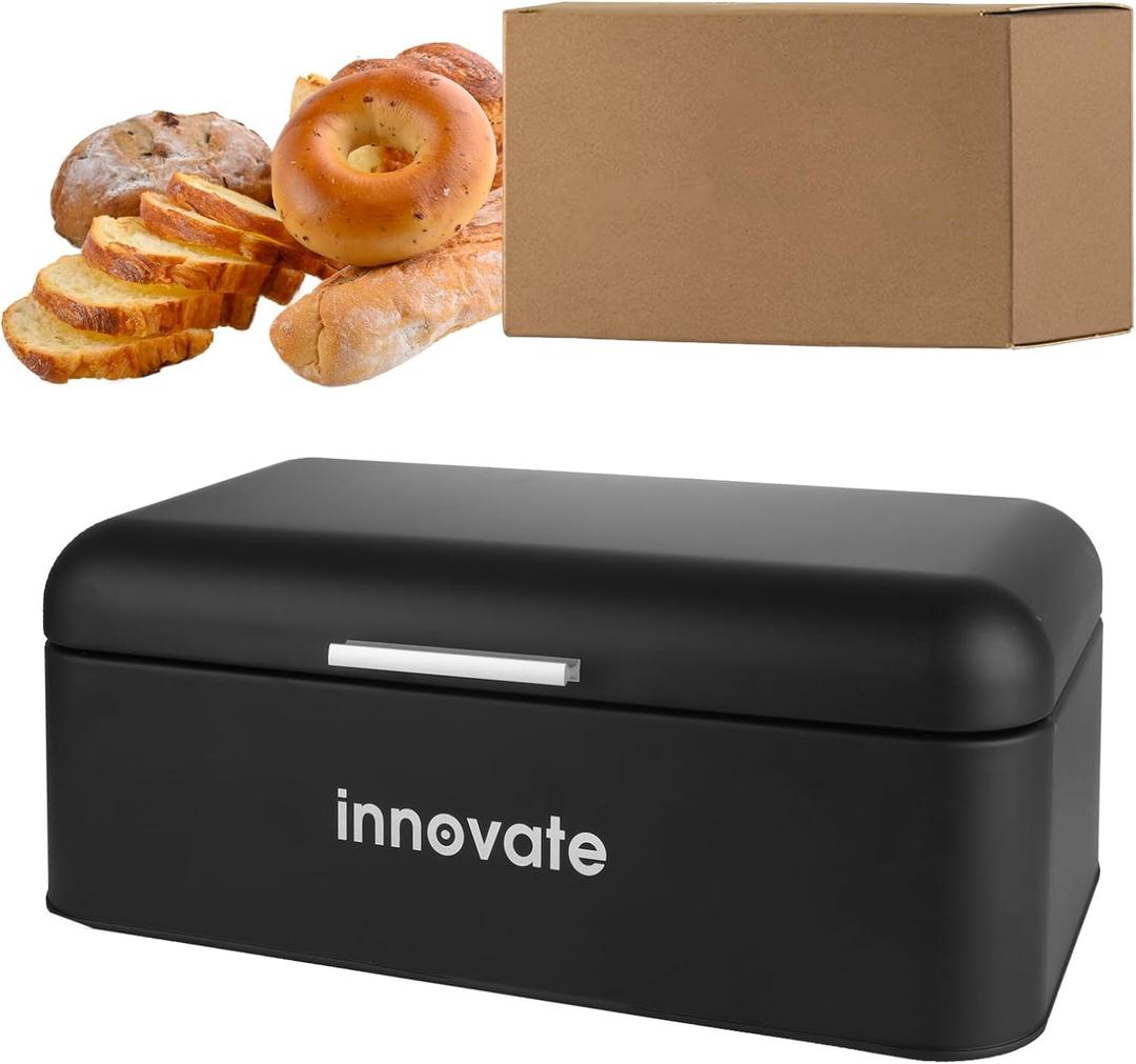 Modern Rustic Black Stainless Steel Bread Box, 16.1 x 8.9 x 6.3 inches, Roll Top Bread Storage Holder for Kitchen Countertop