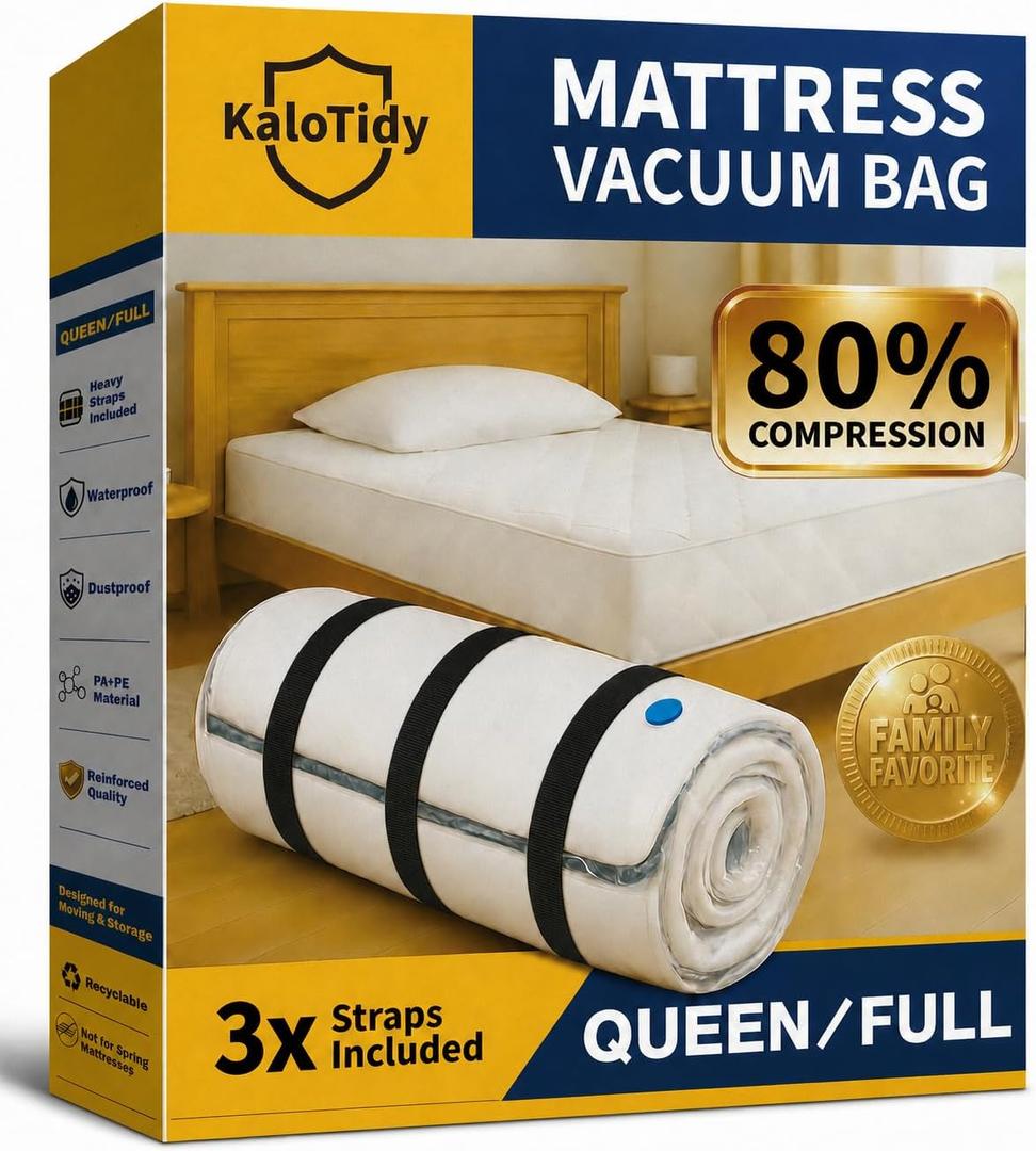 Memory Foam Mattress Vacuum Bag for Moving and Storage, Heavy-Duty Mattress Compression Bag with Adjustable Compression Straps and Dual-Zip Seal (Queen/Full/Full-XL)