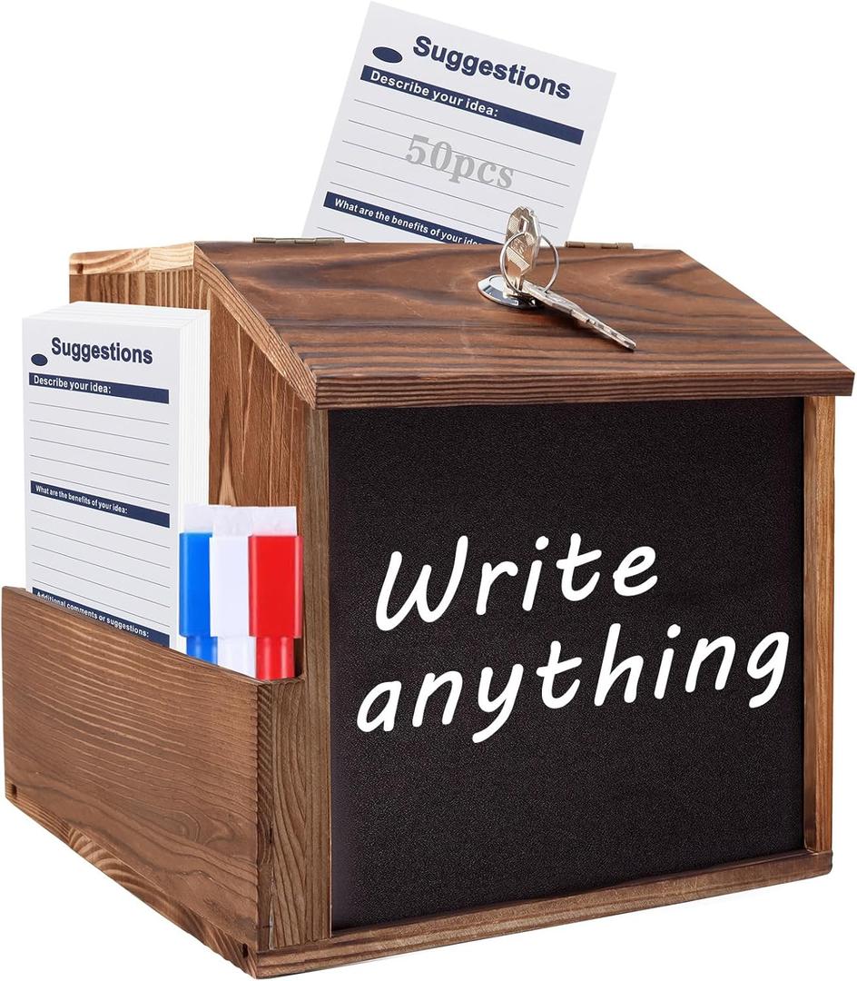 AZEAM Wood Suggestion Box with Slot and Lock,Wooden Tip Money Drop Donation Boxes For Saving Fundraising,Prayer Ballot Comment Box Countertop Wall Mounted with Chalkboard and Keys for Church,Wedding