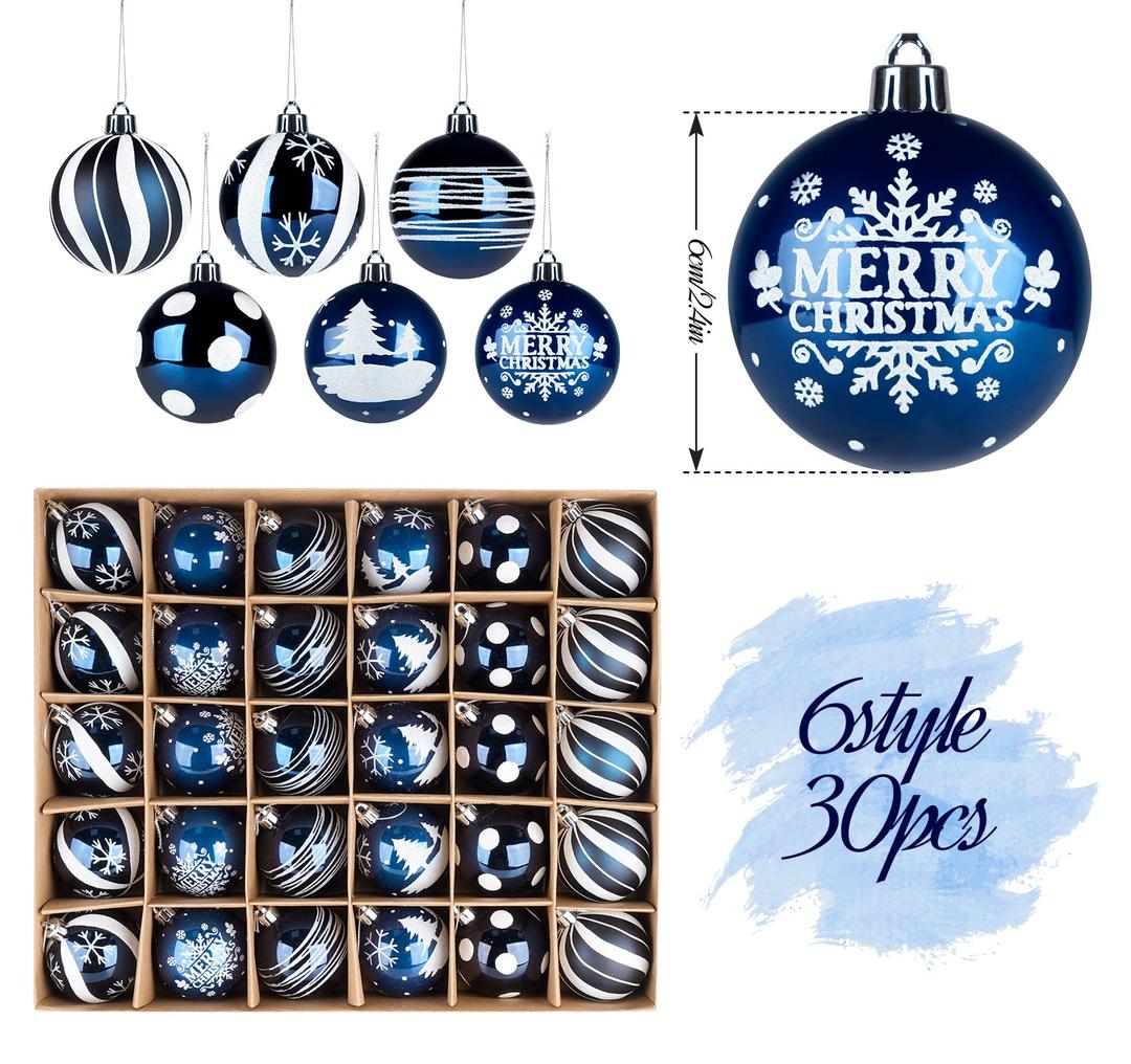 Christmas Ornaments Set,30ct Blue Shatterproof Fall Christmas Tree Decorations Ball Ornaments Bulk, 2.36 Inches Cute Hanging Ornaments for Xmas Trees Decor and Home Indoor Outoor