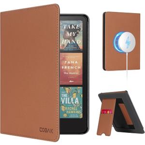 CoBak Stand Case for 7" Kindle Paperwhite 12th Gen 2024 and Kindle Colorsoft with Hand Strap - Compatible with iPhone MagSafe, for Samsung/Belkin/Anker Wireless Charging Pads, Durable, Auto Sleep Wake (Brown)