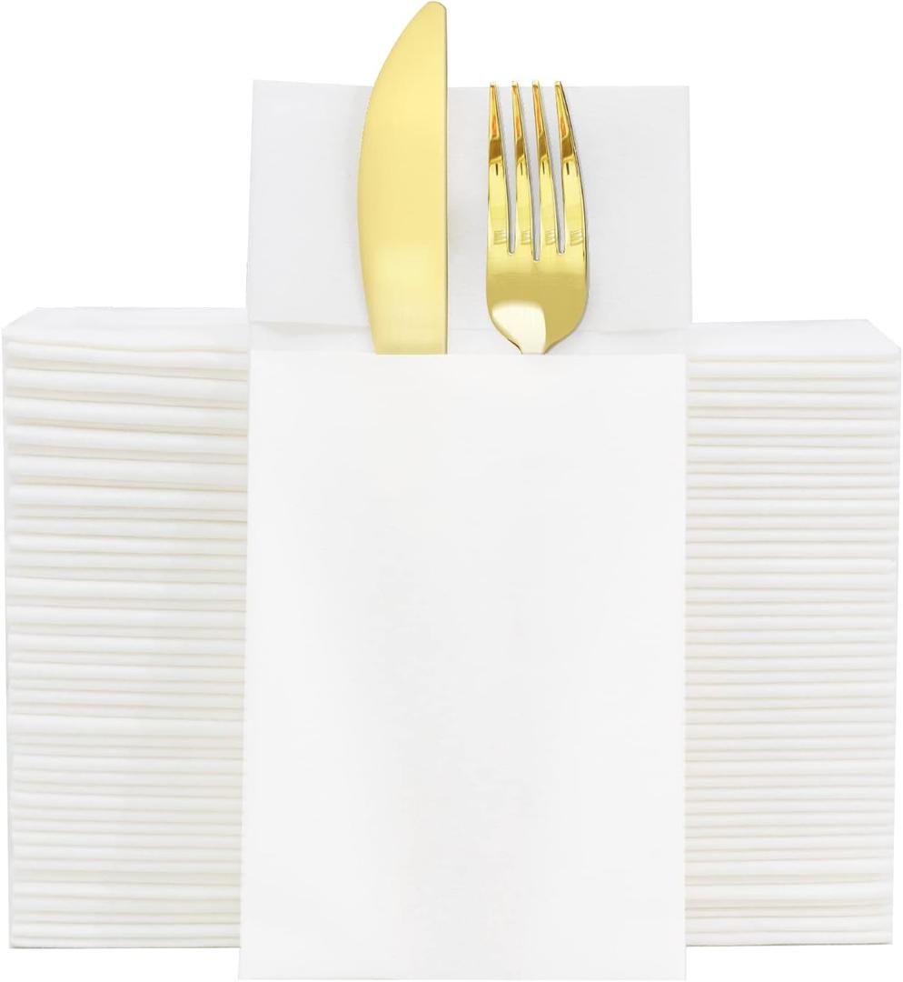 KAMMAK White Dinner Napkins with Pocket Disposable 100 Pack Wedding Reception Paper Napkins Guest Hand Towels Soft Absorbent Party Napkins for Decoration, Bathroom, Kitchen (16.5 X 16.5 inch)