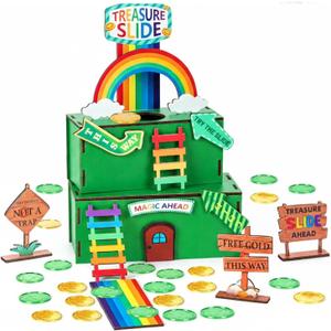 Nurcazo Leprechaun Trap Kit for Kids  St. Patricks Day Wooden DIY Craft Set, Build Your Own Treasure Slide Trap with Rainbow, Coins & Signs, STEM Activity for Classroom & Home