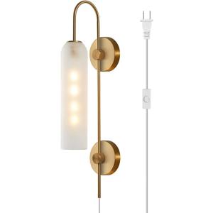 BOKT Mid Century Modern Plug in Wall Sconces Indoor Long Brushed Gold Milk White Glass Sconces Wall Lighting Single Wall Sconce Bathroom Vanity Light Brass Wall Mounted Light Fixture (White)