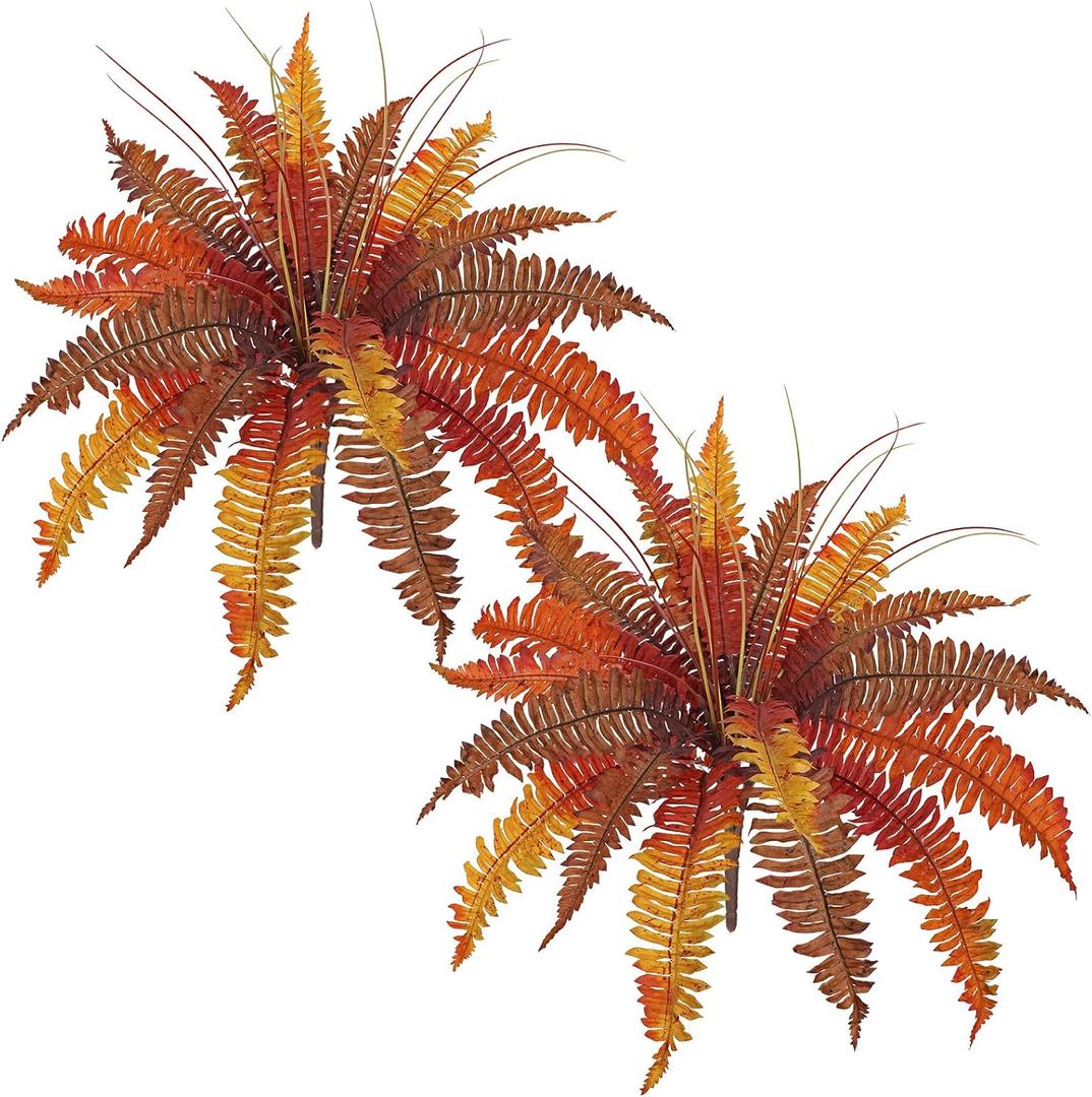Hollyone Artificial Fall Plants Large Fake Boston Fern Plants Bushes Faux Fall Fern Greenery Shrubs Plant for Indoor Outdoor Home Garden Porch Window Thanksgiving Autumn Wedding Decorations, 2 Pack
