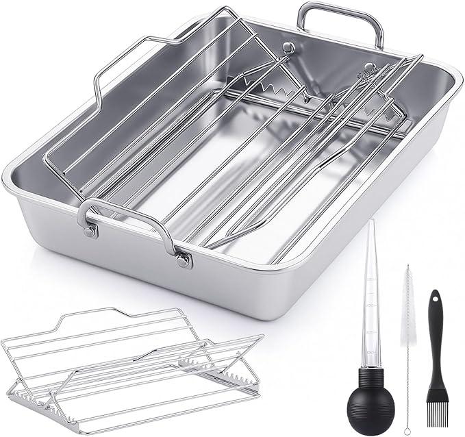 Baderke 5 Pcs Roasting Pan with Rack Set, 10 x 12 Inch Stainless Steel Roasting Pan Set Adjustable V Shaped Turkey Baking Rack for Grilling Dishwasher and Oven Safe