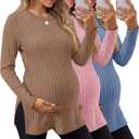3 Pack Women's Maternity Shirts, Ribbed Long Sleeve Pregnancy Sweaters Knit Split Side Crew Neck Tunic Tees Tops (Large, Khaki, Light Pink, Sky Blue)