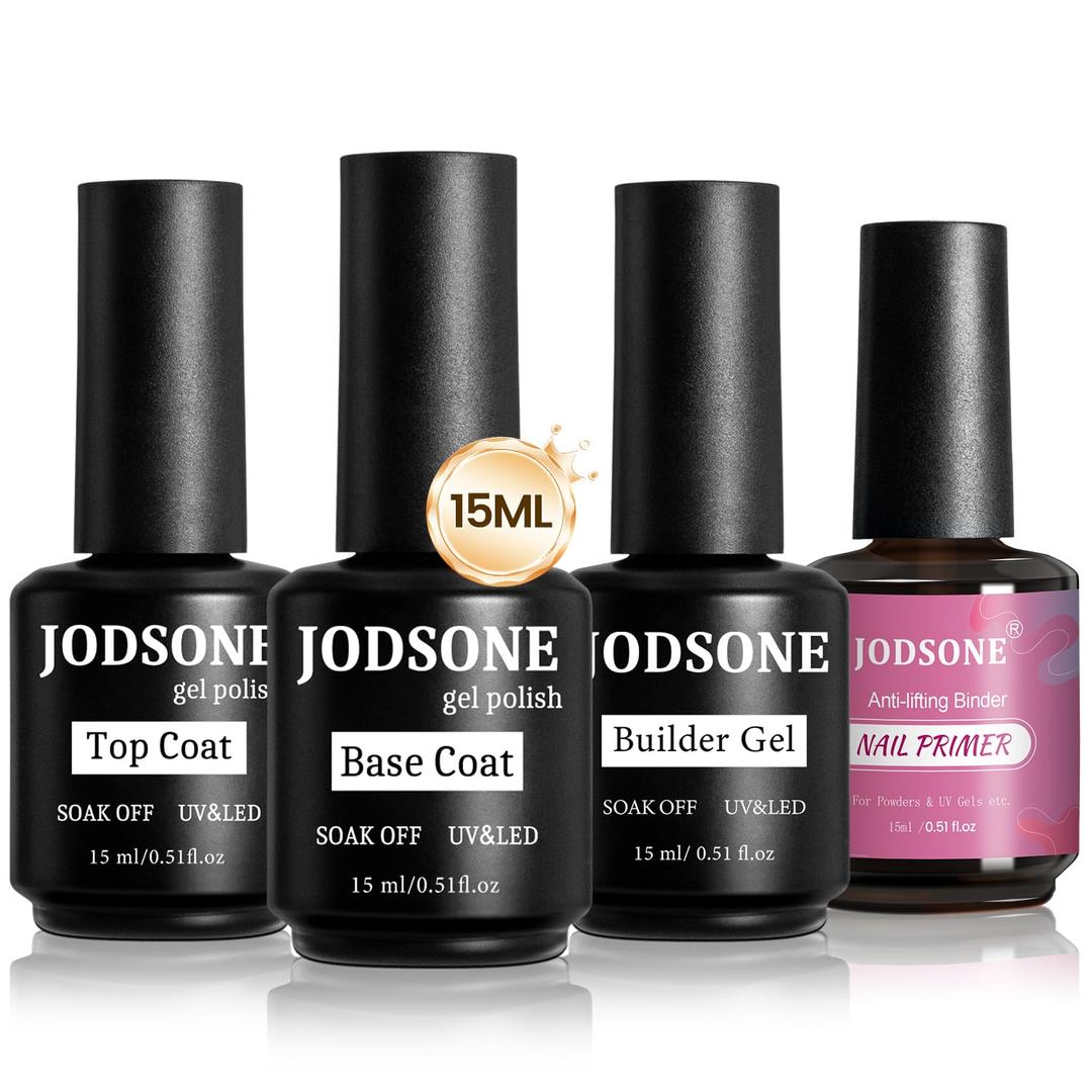 JODSONE 4 Bottles of 15ML Nail Primer Base Coat Top Coat and Builder Gel Which Helps Better Fit the Gel Polish (15ML-PBT-BG)