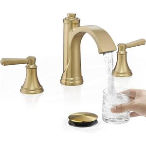 Brass Bathroom Waterfall Faucet, 4-16 Inch Brushed Gold Bathroom Faucet Widespread Bathroom Sink Faucet, 2 Handles Bathroom Faucets for Sink 3 Hole with Pop Up Drain, Water Hoses