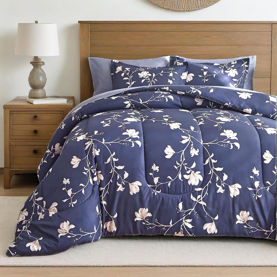 AIKASY Bed in a Bag Queen Comforter Set7 Pieces Floral Comforter Set Bedding Sets with (1 Comforter, 2 Pillow Shams, 1 Flat Sheet, 1 Fitted Sheet, 2 Pillowcases) (Navy, Queen)