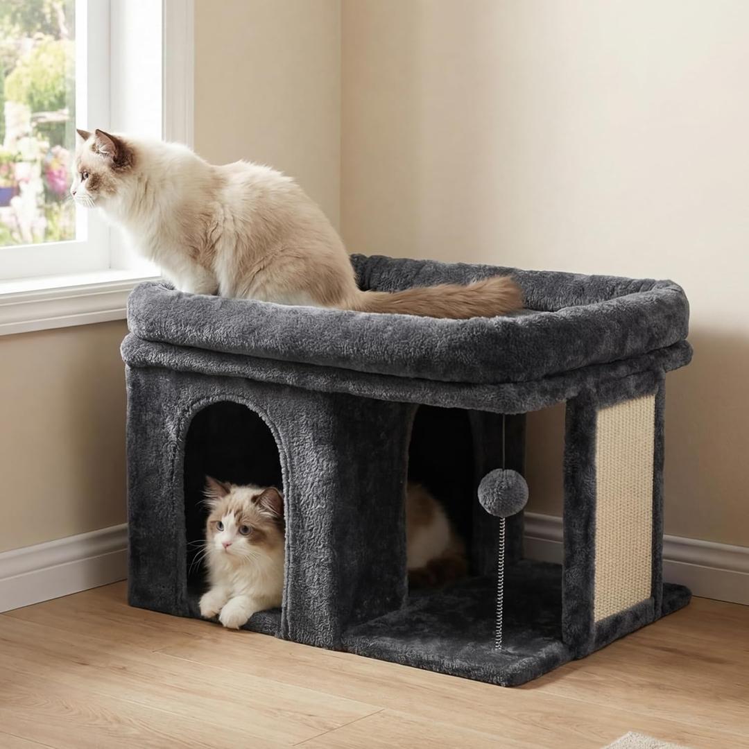Heybly Cat Tree, 14 inch Cat Tower with Large Perch Bed and Cat Condo for Indoor Cats Large Adult, Cat House with Scratching Posts and Interactive Spring Balls for Your Kittens, Smoky Gray HCT203SG