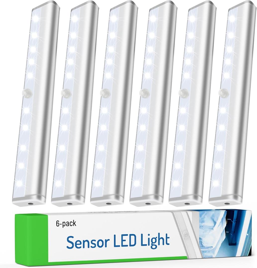 Motion Sensor LED Lights, 6 Pack Battery Operated 10 LED Motion Closet Light, Stick-On Anywhere Magnetic Night Light Bar for Closet Under Cabinet Kitchen Hallway Stairway Vanity Wardrobe (White)