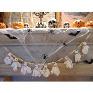 Halloween Garland 7ft Cute Ghost & Wooden Beads - Handmade Rustic Halloween Garland Banner for Mantle Fireplace Farmhouse Indoor Fall Home Decoration, White