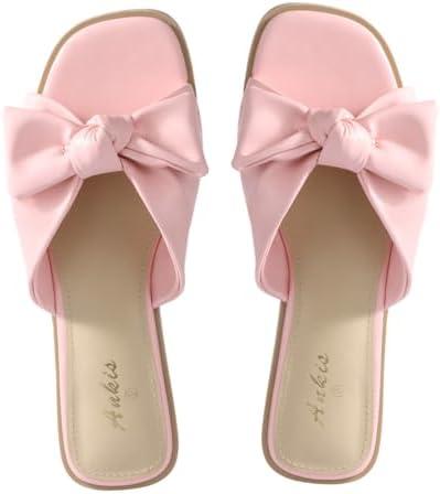 White Sandals Womens Bow Flat Sandals Dressy - Cute Summer Beach Sandals for Women 2026, Square Open Toe Comfortable Slip On Slide Sandals Bride Wedding Bridal Dress Shoes Slippers Balck Pink Gold Nude, 8