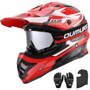 OUMURS DOT Adult ATV Dirt Bike Helmet with Goggles Gloves & Mask Adjustable Sun Visor Motorcycle Adults Helmet Off-Road Motocross Downhill Moped MX for Unisex-Adult-Engine Red S