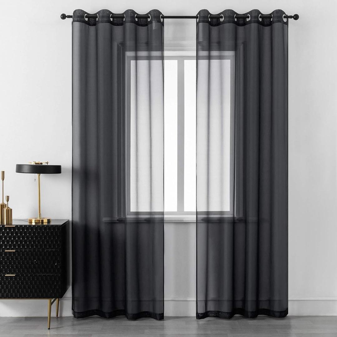 DUALIFE Black Sheer Curtains 84 Inches Length for Living Room Set of 2 Panels Grommet Window Drapes Semi Voile Modern Black Transparent Curtains for Bedroom 52x84 Inch Long