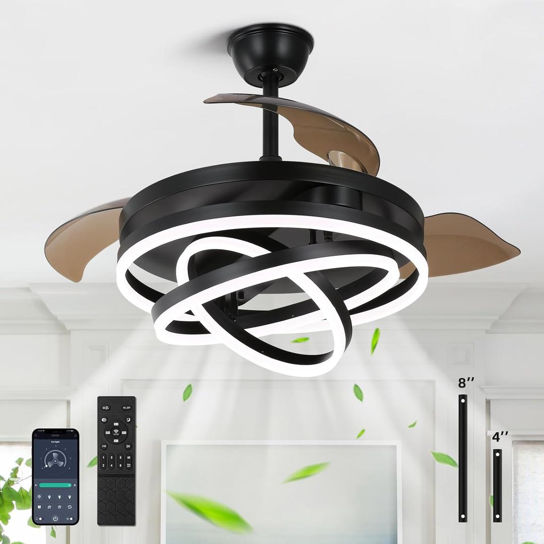 Retractable Ceiling Fan with Lights and Remote/APP Control,Dimmable,Timer Setting,6 Speed,42 Inch Modern Chandelier Ceiling Fan for Bedroom/Living Room/Kitchen/Kis Room/Patio (Black)