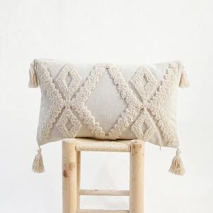 Boho Tufted Lumbar Throw Pillow Cover 12x 20, Modern Simple Diamond Farmhouse Neutral Linen Pillow Cushion Cases with Tassels, Cream Decorative Pillows for Bed, Outdoor Couch Bedroom Car (Beige)