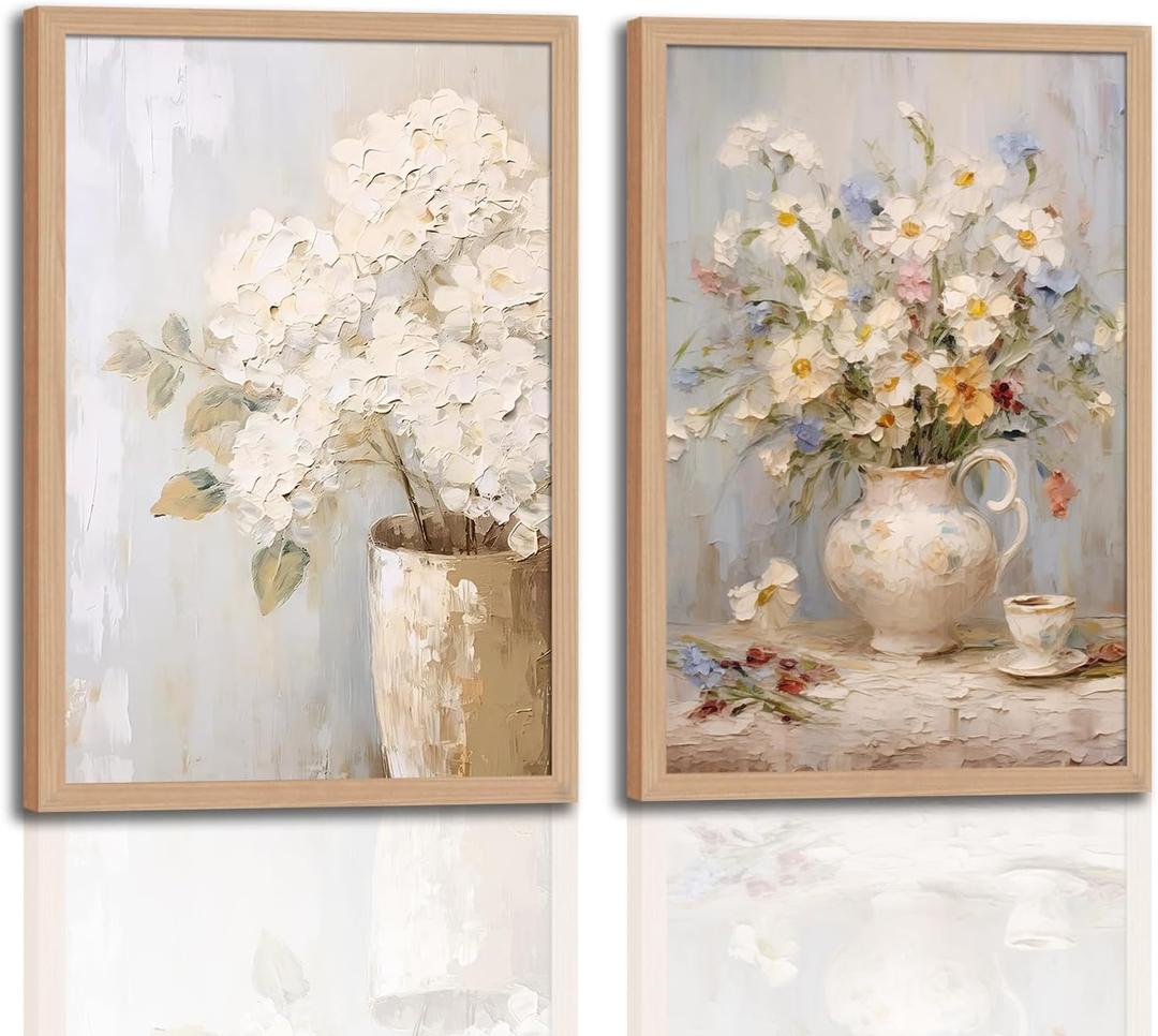 2Pcs Framed Vintage Canvas Wall Art, White Hydrangea Floral daisy Wall Decor Paintings, Flower Pictures Prints Aesthetic Home Decor for Living Room Bedroom Bathroom Office 16x24 inch Ready to Hang