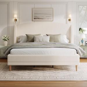 King Size Upholstered Platform Bed Frame with Boucle Fabric Wingback Headboard Solid Wood Legs No Box Spring Modern Bed Frame, White