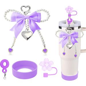 Stanley Cup Accessories Set for 40oz/30oz Tumbler with Handle-Including Flower Straw Toppers, Bow Charms with Pearls,Silicone Charm and Silicone Boot,Suitable Accessories for Stanley(Purple)