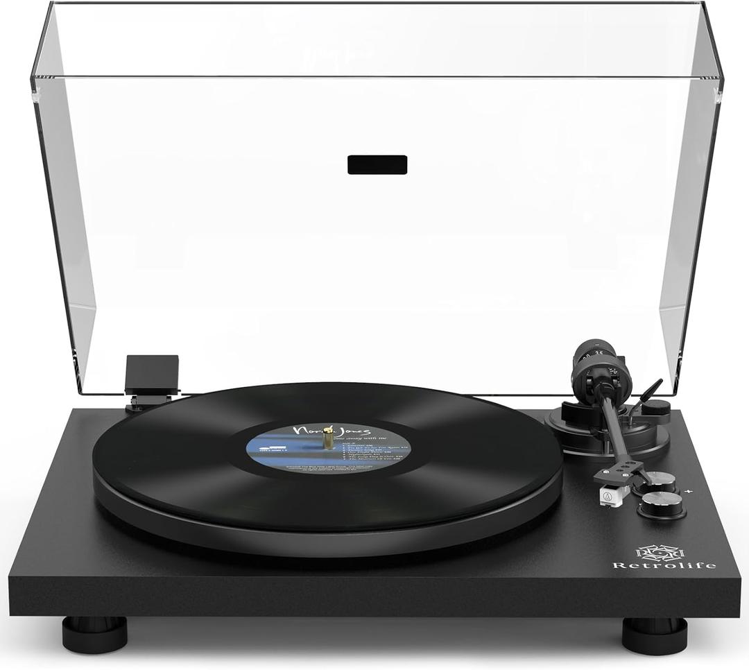 Record Player Wireless Output Turntable Carbon Fiber Tonearm Vinyl Player Aluminium Platter Belt-Drive LP Turn Tables 2 Speed RPM Phono RCA Line Output AT-3600L MM Cartridge Audio Sound Pure Black