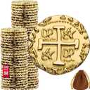 Leib Games Large Metal Pirate Coins - 100 Gold Treasure Coin Set, Metal Replica Spanish Doubloons for Pirate Party Decorations & Favors, Tokens, Toys, Cosplay - Pirate Treasure Chest, Size 7/8"
