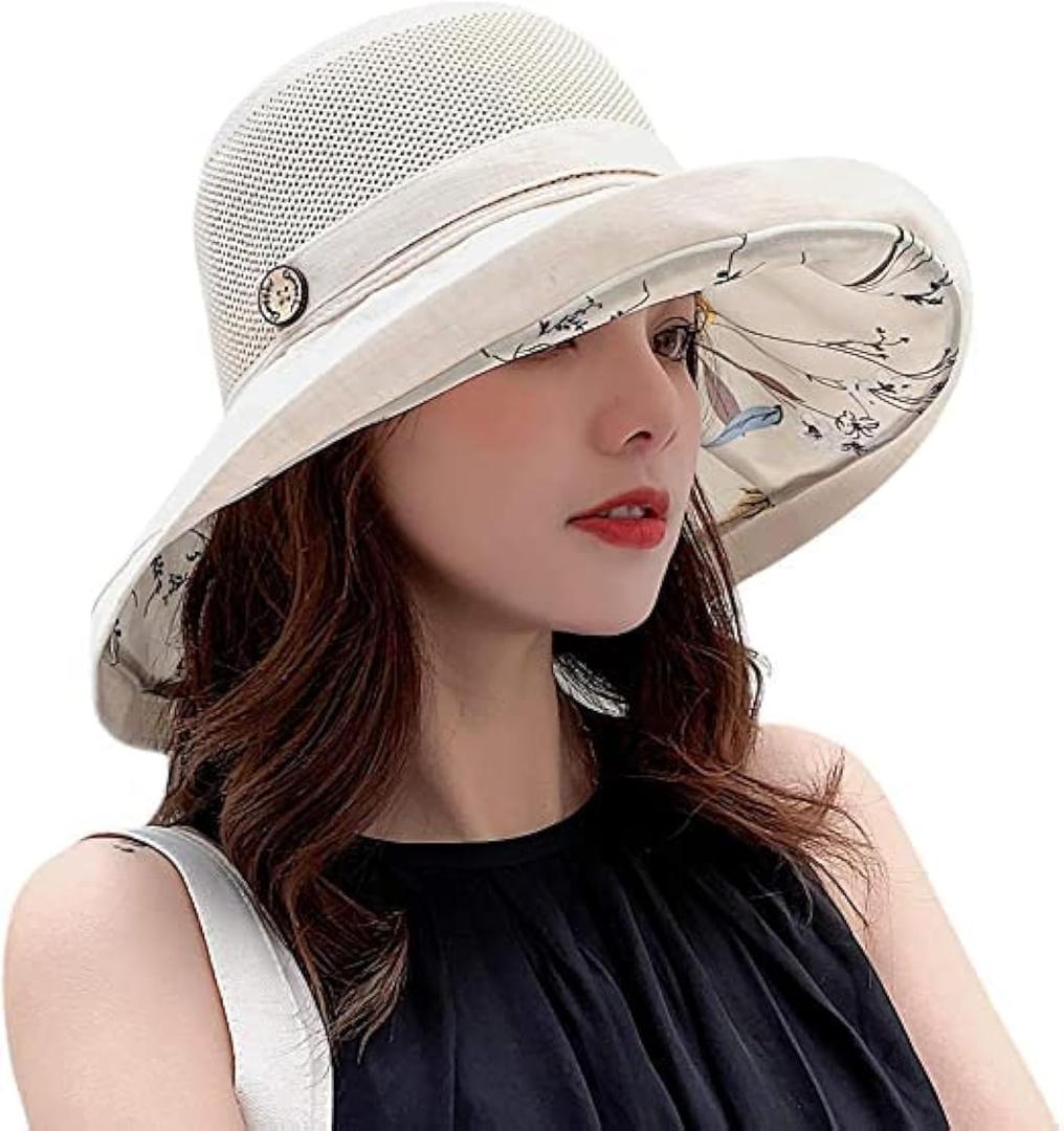 Summer Mesh Sun Hats for Women UV Protection Wide Brim Packable Beach Bucket Hat (One Size, Beige)