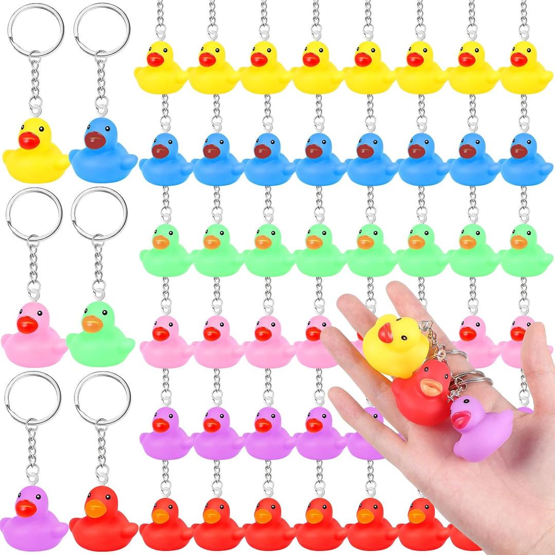 Deekin 60 Pcs Rubber Duck Keychain 2.17'' Cruise Duck Squeaky Cute Keychains Bulk 3D Chains for Carnival Party Gift (Classic)
