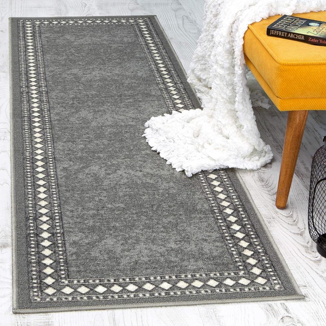 Antep Rugs Alfombras Modern Bordered 2x10 Non-Skid (Non-Slip) Low Profile Pile Rubber Backing Indoor Area Runner Rugs (Gray, 2' x 10') (Grey)