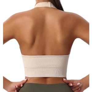Women's Halter Sports Bras Adjustable Straps Seamless Medium Impact Workout Crop Tank Tops with Removable Padded (Large, Beige)