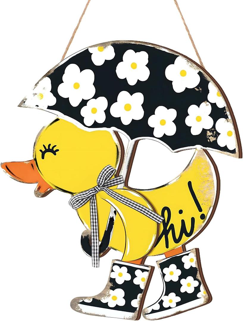 Menkxi Hello Spring Door Sign for Front Door Wooden Spring Doors Hanger Wreath Rustic Floral Yellow Duck Porch Decor with Bow Hanging Decorations for Indoor Outdoor Home Porch Wall Easter Decor