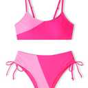 FoWear Girls Swimsuits Bikini Set 2 Pieces Rose Powder Patchwork Color Block Bikini with Adjustable Shoulder Strap Girls Bathing Suits Size 8-10