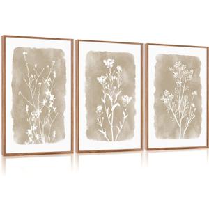 CHDITB Beige Florals Wall Art Set, Framed Boho Flower Wall Decor, Neutral Minimalist Botanical Wall Painting, Modern Vintage Wildflower Canvas Art Prints for Living Room, Bedroom, Grids Room 16"x24"x3