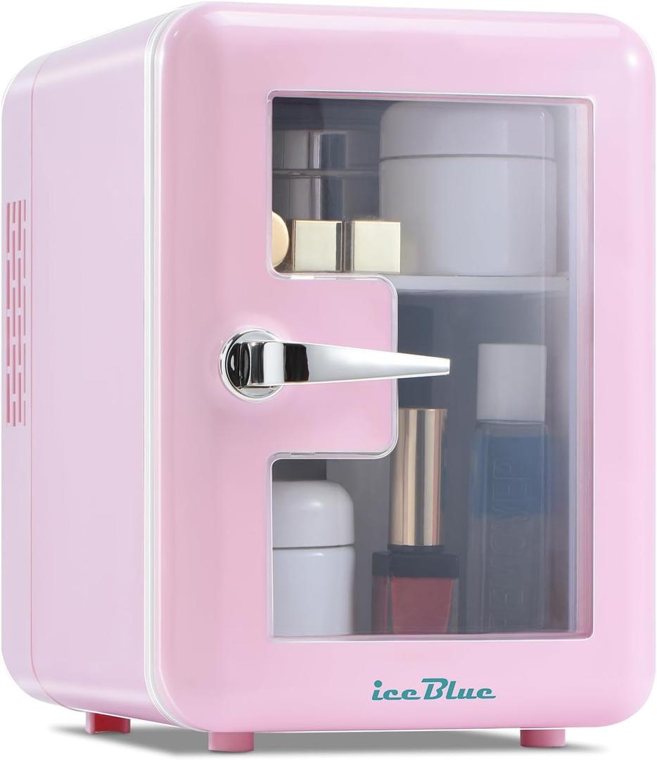 Iceblue Skincare Fridge with Viewing Window, 4L/6Can Makeup Mini Fridge for Bedroom, 110V AC/ 12V DC Refrigerator Cooler & Warmer for Car, Office & Dorm, Small Fridge for Cosmetics, Skin Care-Pink