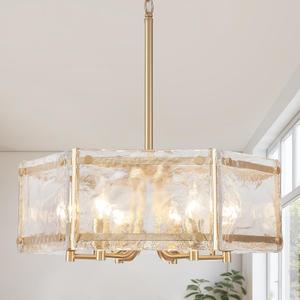 6-Light Gold Glass Chandelier, 18.7" Modern Textured Glass Drum Chandelier for Dining Room, Luxury Crystal Round Hanging Light Fixture for Kitchen Living Room Hallway Bedroom