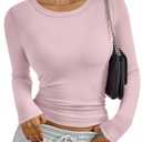 Trendy Queen Womens Long Sleeve T-Shirts Basic Crop Tops 2026 Spring Fashion Outfits Going Out Winter Clothes Pink S