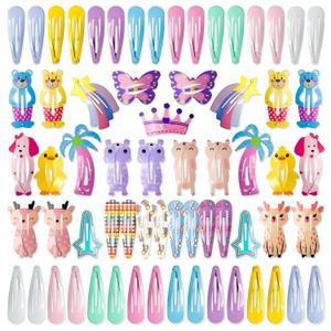 Cocplok Exclusive Non-Slip Metal Hair Clips Set for Girls - 65 Pieces for Kids, Teens Women, Adorable Candy-Colored Cartoon Designs Featuring Animals, Butterflies, Crowns & Stars